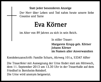 Anzeige von Eva Körner von Kölner Stadt-Anzeiger / Kölnische Rundschau / Express