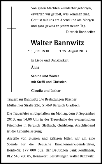 Anzeige von Walter Bannwitz von Kölner Stadt-Anzeiger / Kölnische Rundschau / Express