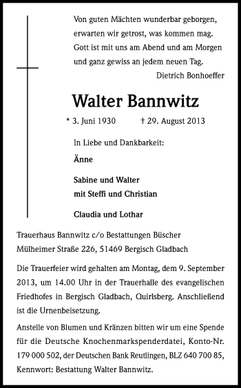 Anzeige von Walter Bannwitz von Kölner Stadt-Anzeiger / Kölnische Rundschau / Express