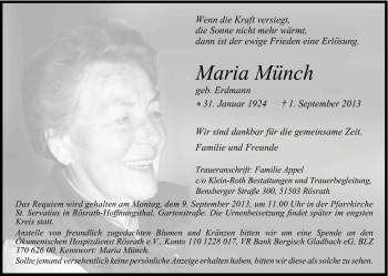 Anzeige von Maria Münch von Kölner Stadt-Anzeiger / Kölnische Rundschau / Express