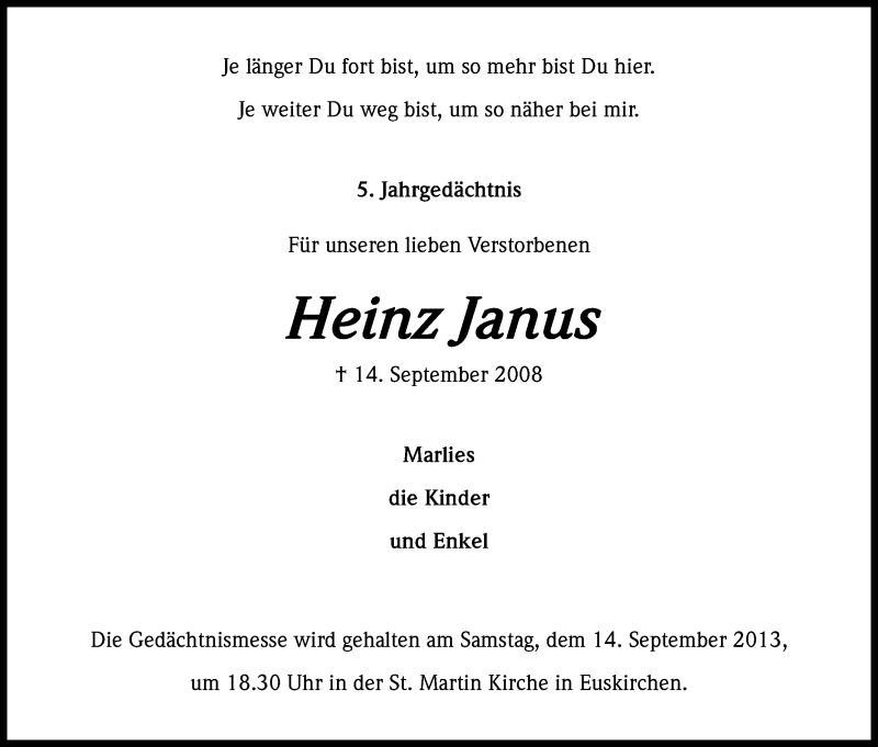  Traueranzeige für Heinz Janus vom 11.09.2013 aus Kölner Stadt-Anzeiger / Kölnische Rundschau / Express