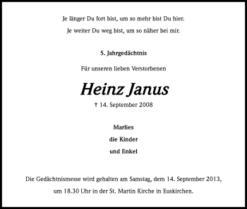 Anzeige von Heinz Janus von Kölner Stadt-Anzeiger / Kölnische Rundschau / Express