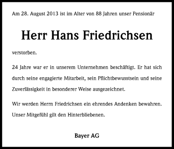 Anzeige von Hans Friedrichsen von Kölner Stadt-Anzeiger / Kölnische Rundschau / Express