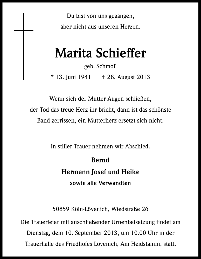  Traueranzeige für Marita Schieffer vom 07.09.2013 aus Kölner Stadt-Anzeiger / Kölnische Rundschau / Express