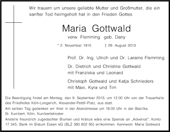 Anzeige von Maria Gottwald von Kölner Stadt-Anzeiger / Kölnische Rundschau / Express