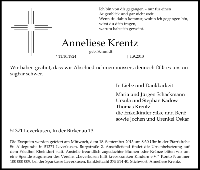  Traueranzeige für Anneliese Krentz vom 07.09.2013 aus Kölner Stadt-Anzeiger / Kölnische Rundschau / Express