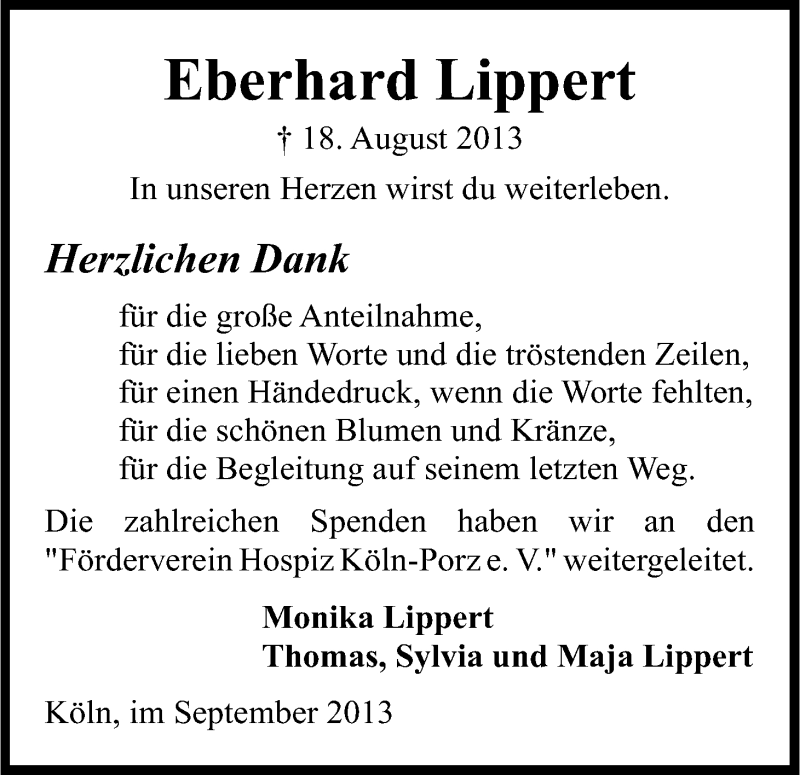  Traueranzeige für Eberhard Lippert vom 14.09.2013 aus Kölner Stadt-Anzeiger / Kölnische Rundschau / Express