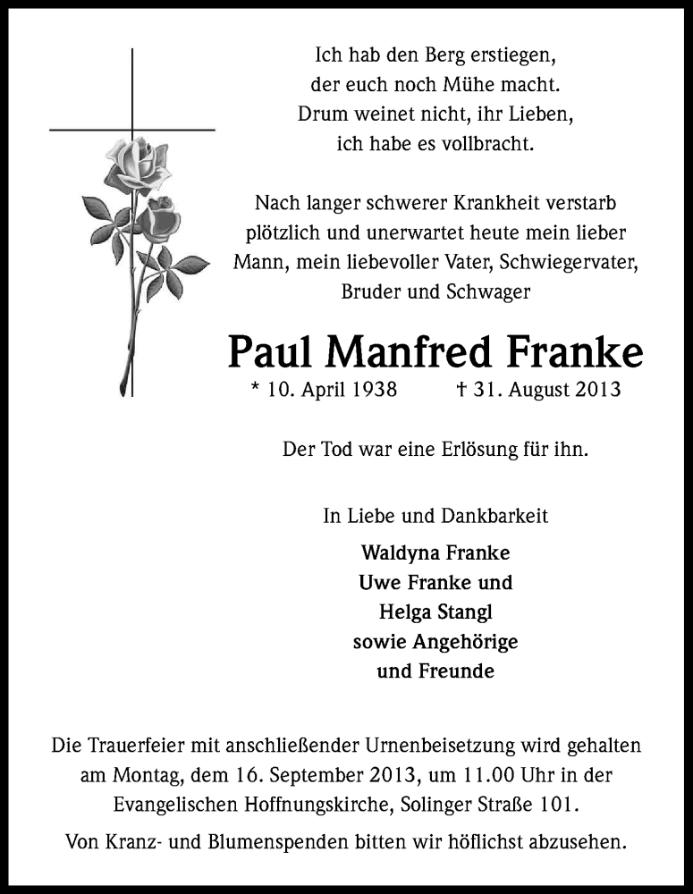  Traueranzeige für Paul Manfred Franke vom 07.09.2013 aus Kölner Stadt-Anzeiger / Kölnische Rundschau / Express