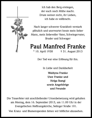 Anzeige von Paul Manfred Franke von Kölner Stadt-Anzeiger / Kölnische Rundschau / Express