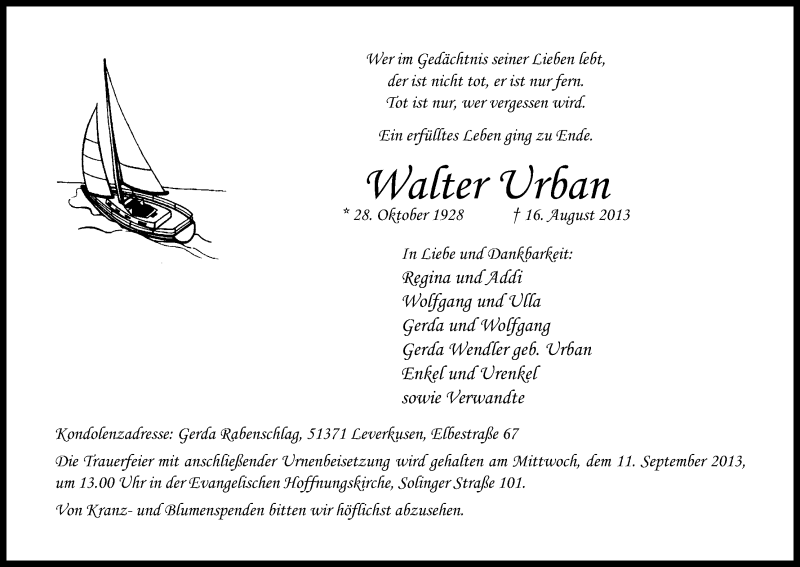  Traueranzeige für Walter Urban vom 07.09.2013 aus Kölner Stadt-Anzeiger / Kölnische Rundschau / Express