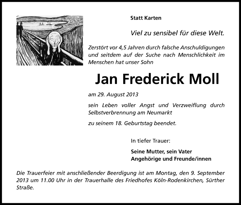  Traueranzeige für Jan Frederick Moll vom 07.09.2013 aus Kölner Stadt-Anzeiger / Kölnische Rundschau / Express