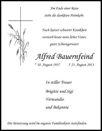 Anzeige von Alfred Bauernfeind von Kölner Stadt-Anzeiger / Kölnische Rundschau / Express