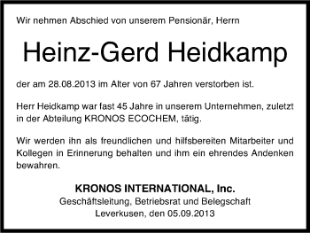 Anzeige von Heinz-Gerd Heidkamp von Kölner Stadt-Anzeiger / Kölnische Rundschau / Express