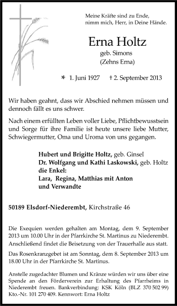 Anzeige von Erna Holtz von Kölner Stadt-Anzeiger / Kölnische Rundschau / Express