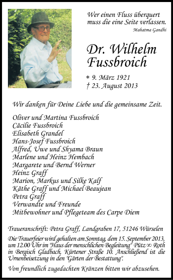 Anzeige von Wilhelm Fußbroich von Kölner Stadt-Anzeiger / Kölnische Rundschau / Express