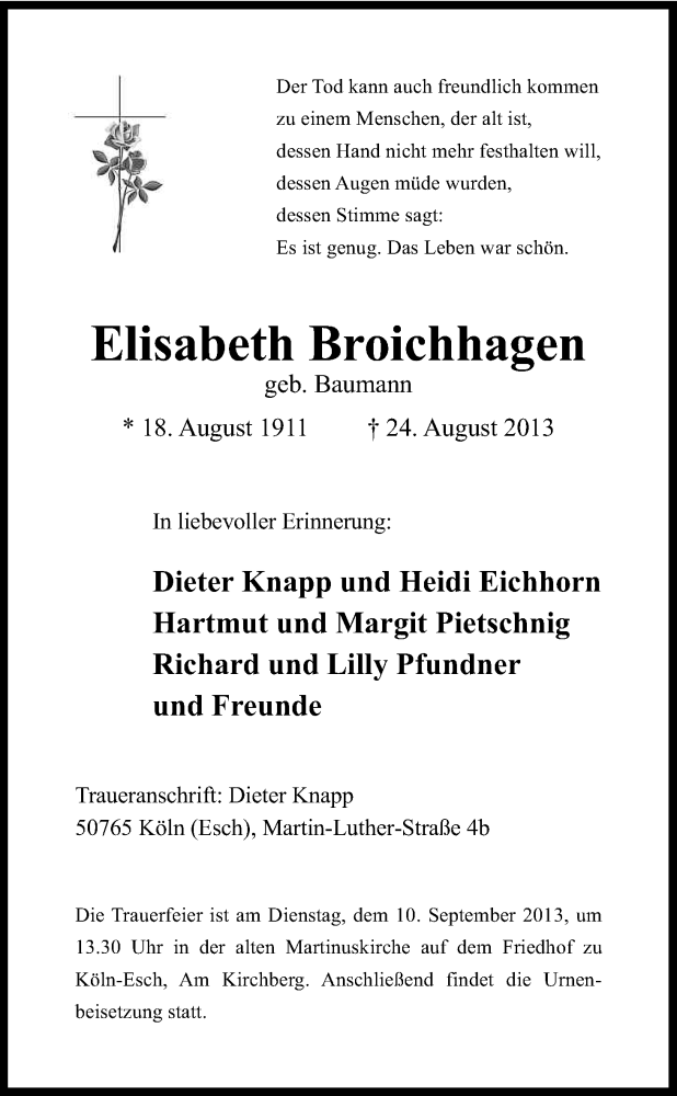  Traueranzeige für Elisabeth Broichhagen vom 07.09.2013 aus Kölner Stadt-Anzeiger / Kölnische Rundschau / Express