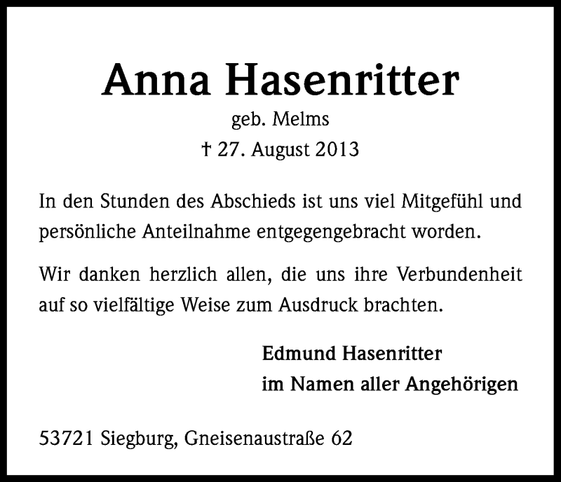  Traueranzeige für Anna Hasenritter vom 06.09.2013 aus Kölner Stadt-Anzeiger / Kölnische Rundschau / Express