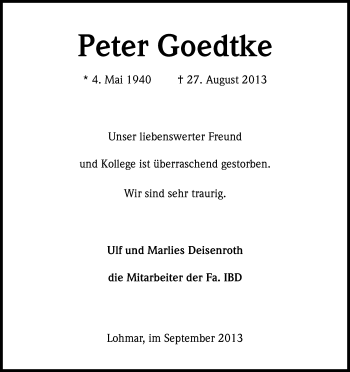 Anzeige von Peter Goedtke von Kölner Stadt-Anzeiger / Kölnische Rundschau / Express