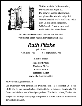 Anzeige von Ruth Pitzke von Kölner Stadt-Anzeiger / Kölnische Rundschau / Express