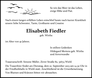 Anzeige von Elisabeth Fiedler von Kölner Stadt-Anzeiger / Kölnische Rundschau / Express