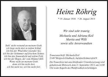 Anzeige von Heinz Röhrig von Kölner Stadt-Anzeiger / Kölnische Rundschau / Express