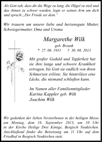 Anzeige von Margarethe Wilk von Kölner Stadt-Anzeiger / Kölnische Rundschau / Express
