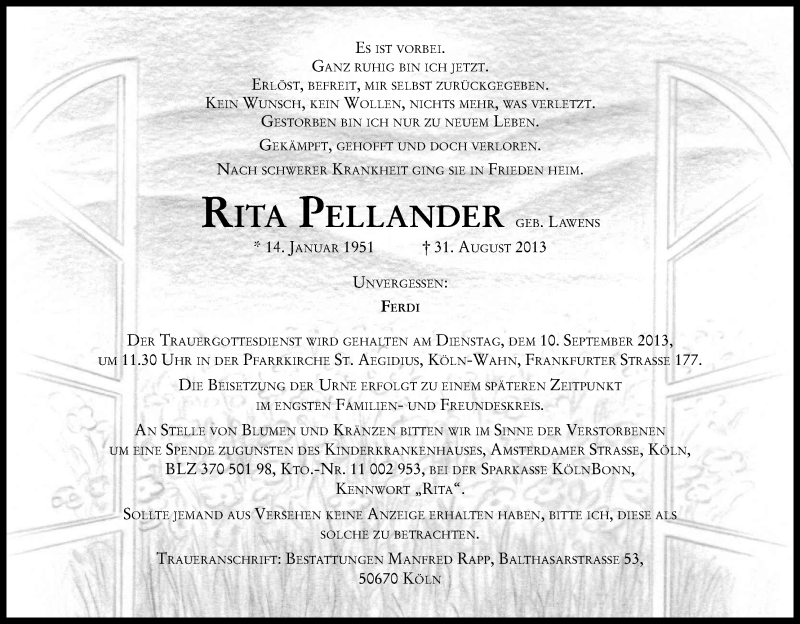  Traueranzeige für Rita Pellander vom 07.09.2013 aus Kölner Stadt-Anzeiger / Kölnische Rundschau / Express