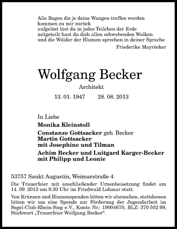 Anzeige von Wolfgang Becker von Kölner Stadt-Anzeiger / Kölnische Rundschau / Express