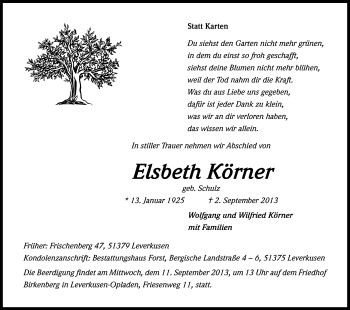 Anzeige von Elsbeth Körner von Kölner Stadt-Anzeiger / Kölnische Rundschau / Express