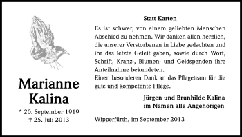 Anzeige von Marianne Kalina von Kölner Stadt-Anzeiger / Kölnische Rundschau / Express