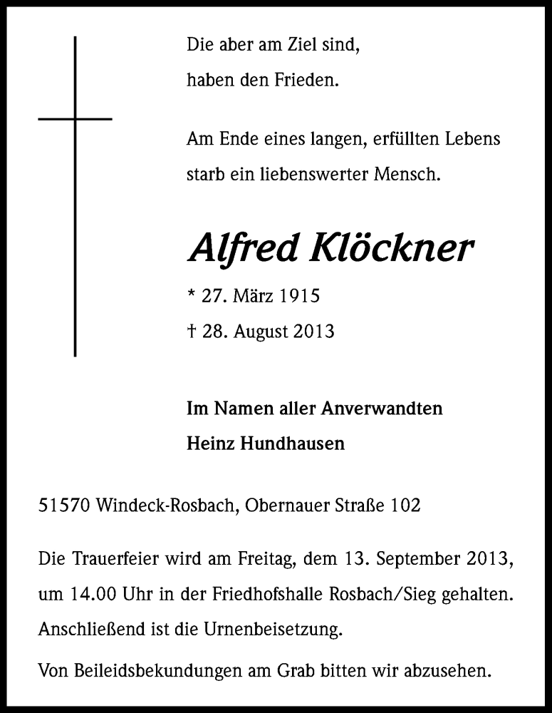  Traueranzeige für Alfred Klöckner vom 09.09.2013 aus Kölner Stadt-Anzeiger / Kölnische Rundschau / Express