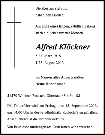 Anzeige von Alfred Klöckner von Kölner Stadt-Anzeiger / Kölnische Rundschau / Express