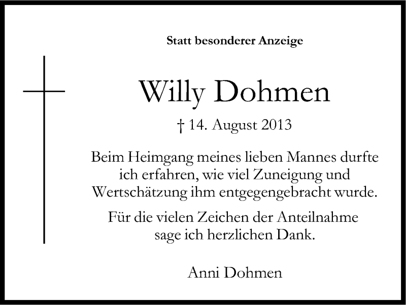  Traueranzeige für Willy Dohmen vom 14.09.2013 aus Kölner Stadt-Anzeiger / Kölnische Rundschau / Express