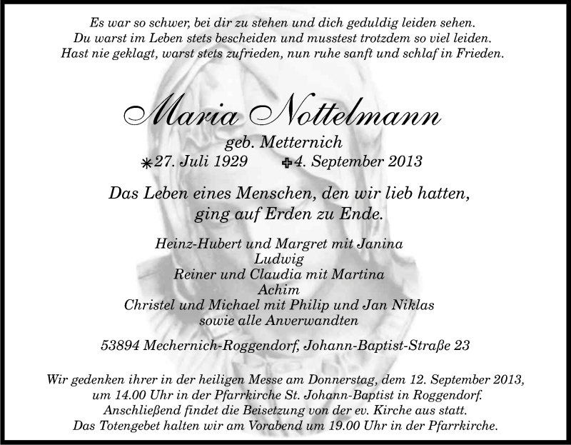  Traueranzeige für Maria Nottelmann vom 07.09.2013 aus Kölner Stadt-Anzeiger / Kölnische Rundschau / Express