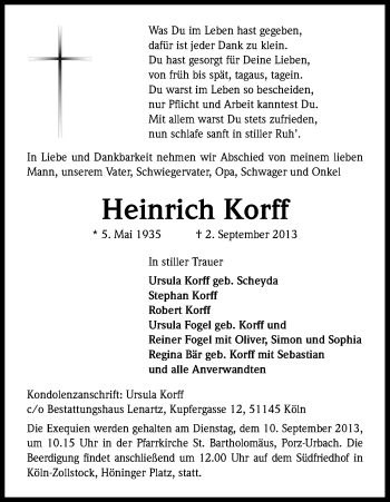 Anzeige von Heinrich Korff von Kölner Stadt-Anzeiger / Kölnische Rundschau / Express