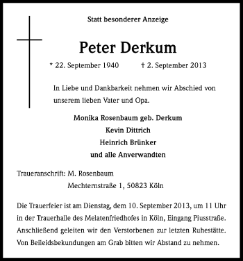Anzeige von Peter Derkum von Kölner Stadt-Anzeiger / Kölnische Rundschau / Express