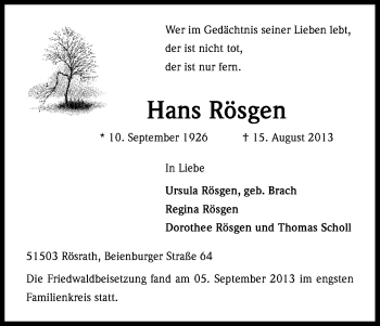 Anzeige von Hans Rösgen von Kölner Stadt-Anzeiger / Kölnische Rundschau / Express