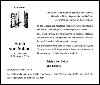 Anzeige von Erich von Sobbe von Kölner Stadt-Anzeiger / Kölnische Rundschau / Express