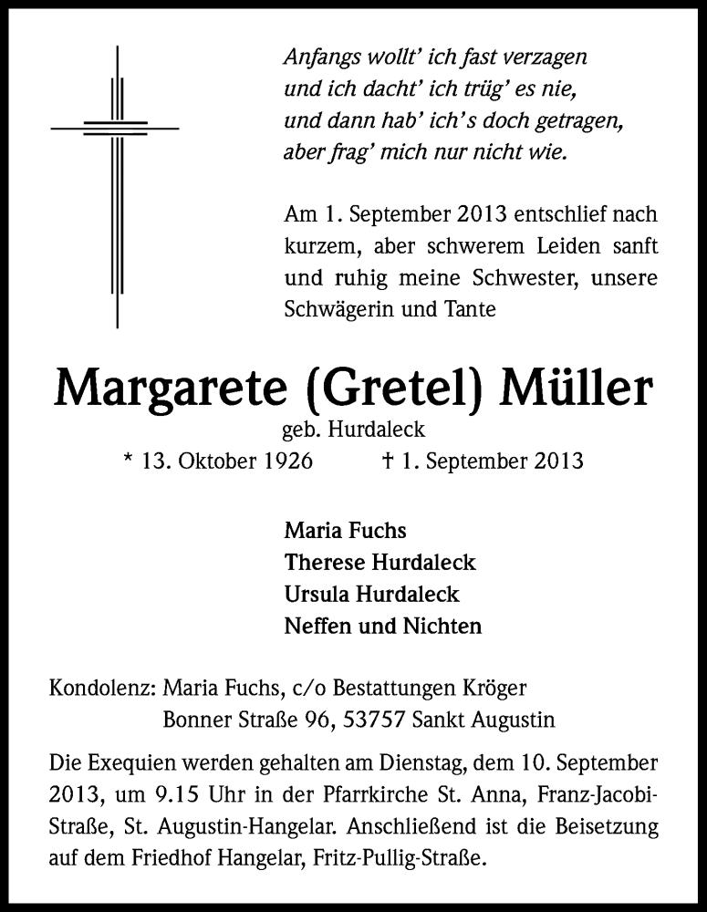  Traueranzeige für Margarete Müller vom 06.09.2013 aus Kölner Stadt-Anzeiger / Kölnische Rundschau / Express