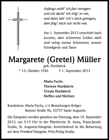 Anzeige von Margarete Müller von Kölner Stadt-Anzeiger / Kölnische Rundschau / Express