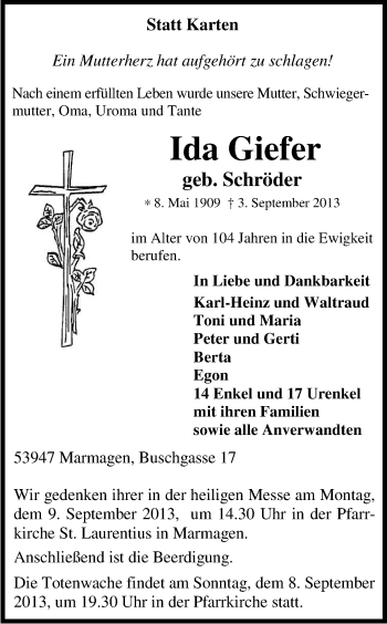 Anzeige von Ida Giefer von Kölner Stadt-Anzeiger / Kölnische Rundschau / Express