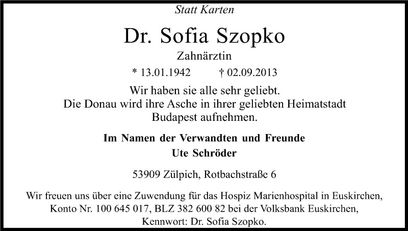  Traueranzeige für Sofia Szopko vom 07.09.2013 aus Kölner Stadt-Anzeiger / Kölnische Rundschau / Express