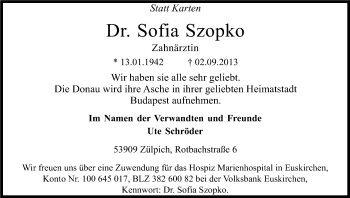 Anzeige von Sofia Szopko von Kölner Stadt-Anzeiger / Kölnische Rundschau / Express