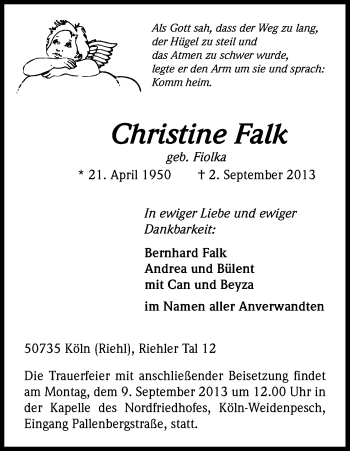 Anzeige von Christine Falk von Kölner Stadt-Anzeiger / Kölnische Rundschau / Express