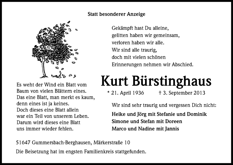  Traueranzeige für Kurt Bürstinghaus vom 10.09.2013 aus Kölner Stadt-Anzeiger / Kölnische Rundschau / Express