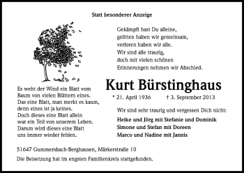 Anzeige von Kurt Bürstinghaus von Kölner Stadt-Anzeiger / Kölnische Rundschau / Express