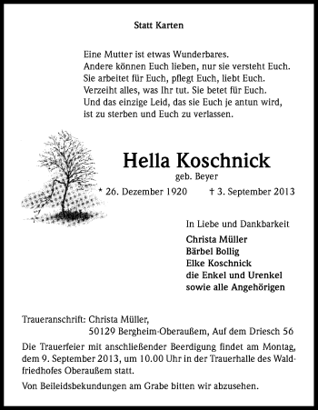 Anzeige von Hella Koschnick von Kölner Stadt-Anzeiger / Kölnische Rundschau / Express