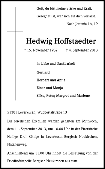 Anzeige von Hedwig Hoffstaedter von Kölner Stadt-Anzeiger / Kölnische Rundschau / Express