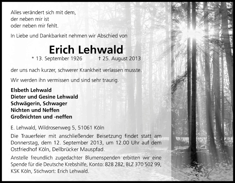  Traueranzeige für Erich Lehwald vom 07.09.2013 aus Kölner Stadt-Anzeiger / Kölnische Rundschau / Express
