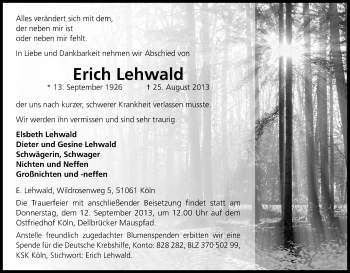 Anzeige von Erich Lehwald von Kölner Stadt-Anzeiger / Kölnische Rundschau / Express